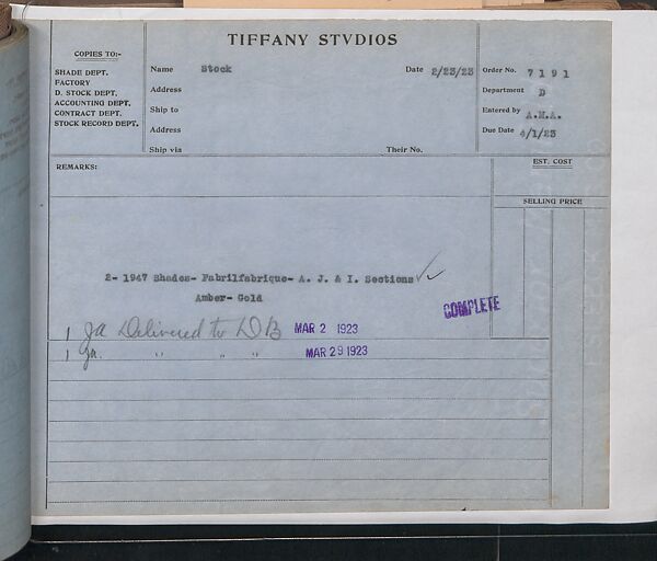 Tiffany Studios Lamp Department Ledger Book, Tiffany Studios (1902–32), pencil and ink on paper, American
