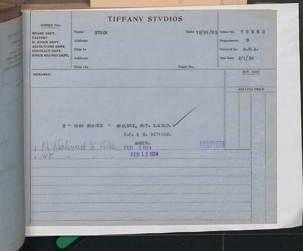Tiffany Studios Lamp Department Ledger Book, Tiffany Studios (1902–32), pencil and ink on paper, American