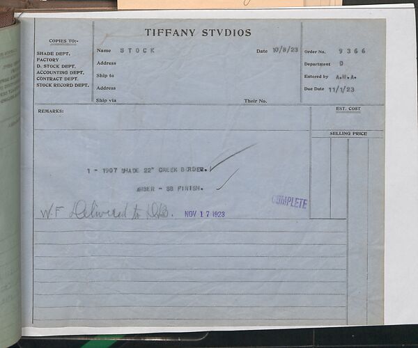Tiffany Studios Lamp Department Ledger Book, Tiffany Studios (1902–32), pencil and ink on paper, American