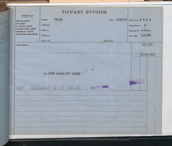 Tiffany Studios Lamp Department Ledger Book, Tiffany Studios (1902–32), pencil and ink on paper, American