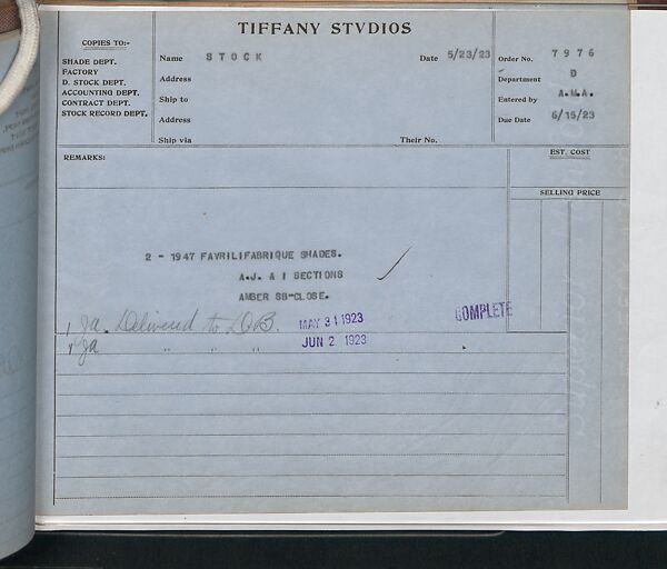 Tiffany Studios Lamp Department Ledger Book, Tiffany Studios (1902–32), pencil and ink on paper, American