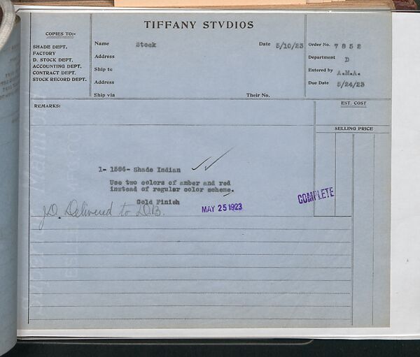 Tiffany Studios Lamp Department Ledger Book, Tiffany Studios (1902–32), pencil and ink on paper, American