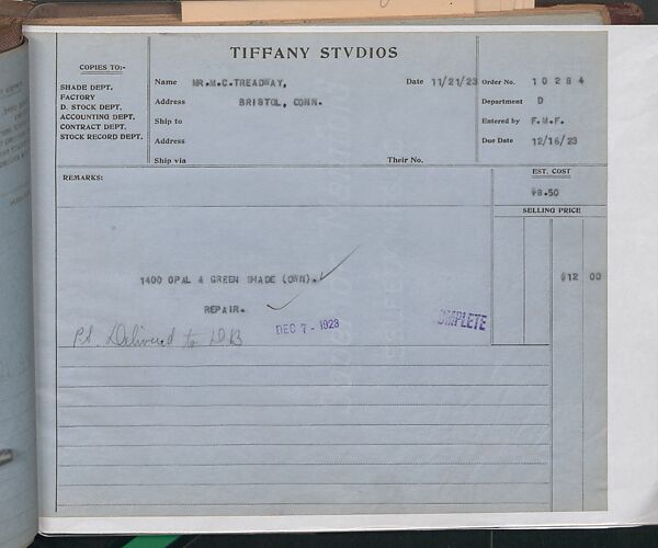 Tiffany Studios Lamp Department Ledger Book, Tiffany Studios (1902–32), pencil and ink on paper, American