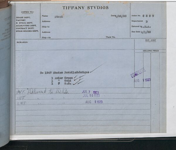 Tiffany Studios Lamp Department Ledger Book, Tiffany Studios (1902–32), pencil and ink on paper, American