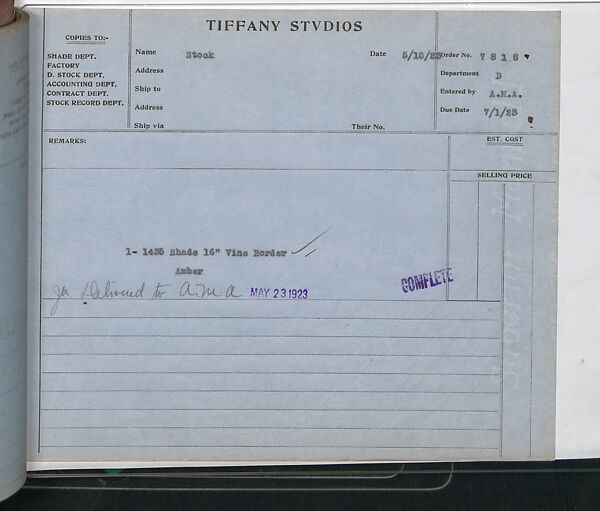 Tiffany Studios Lamp Department Ledger Book, Tiffany Studios (1902–32), pencil and ink on paper, American