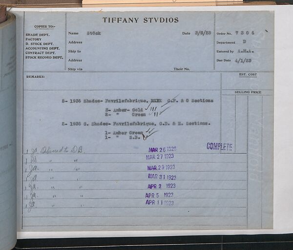 Tiffany Studios Lamp Department Ledger Book, Tiffany Studios (1902–32), pencil and ink on paper, American