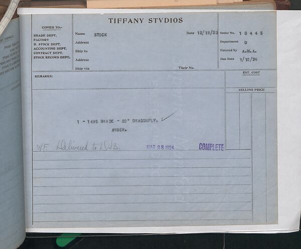 Tiffany Studios Lamp Department Ledger Book, Tiffany Studios (1902–32), pencil and ink on paper, American