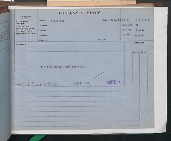 Tiffany Studios Lamp Department Ledger Book, Tiffany Studios (1902–32), pencil and ink on paper, American