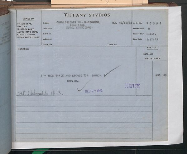 Tiffany Studios Lamp Department Ledger Book, Tiffany Studios (1902–32), pencil and ink on paper, American