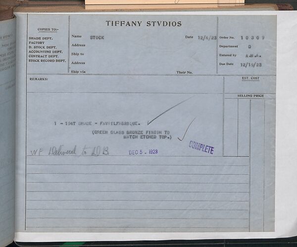 Tiffany Studios Lamp Department Ledger Book, Tiffany Studios (1902–32), pencil and ink on paper, American