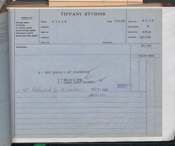 Tiffany Studios Lamp Department Ledger Book, Tiffany Studios (1902–32), pencil and ink on paper, American