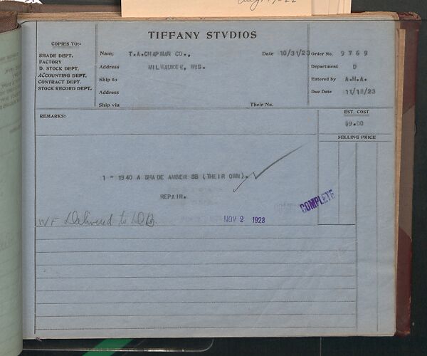 Tiffany Studios Lamp Department Ledger Book, Tiffany Studios (1902–32), pencil and ink on paper, American