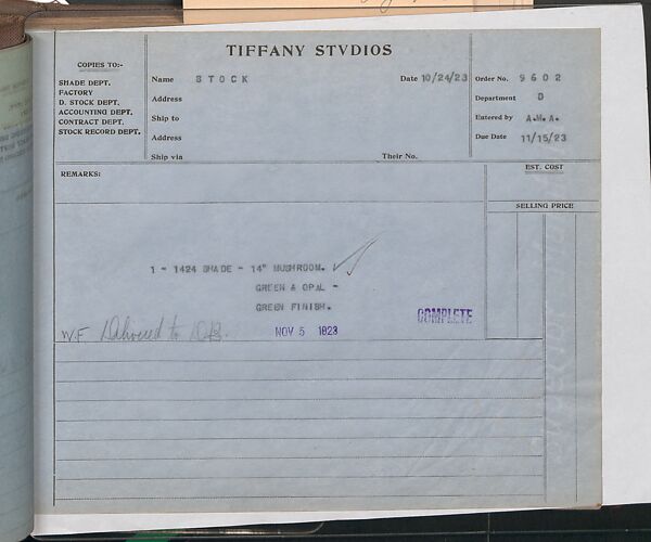 Tiffany Studios Lamp Department Ledger Book, Tiffany Studios (1902–32), pencil and ink on paper, American