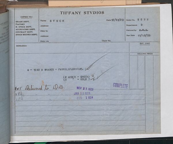 Tiffany Studios Lamp Department Ledger Book, Tiffany Studios (1902–32), pencil and ink on paper, American