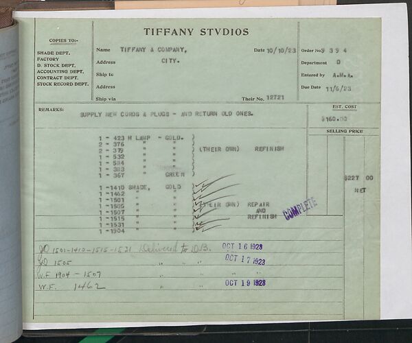 Tiffany Studios Lamp Department Ledger Book, Tiffany Studios (1902–32), pencil and ink on paper, American