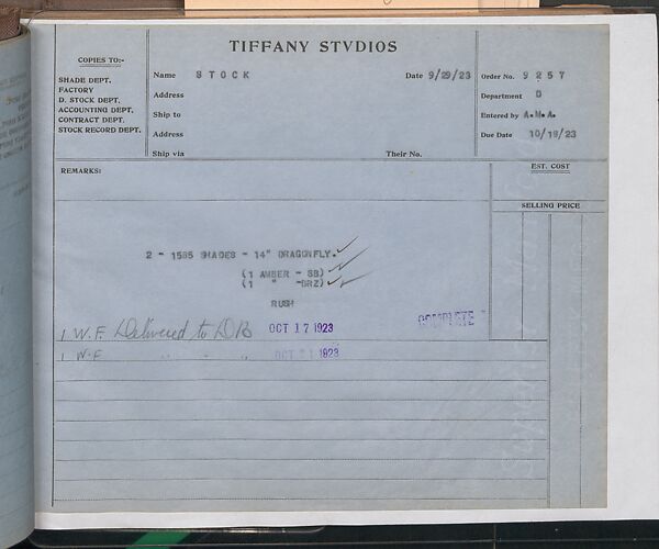Tiffany Studios Lamp Department Ledger Book, Tiffany Studios (1902–32), pencil and ink on paper, American