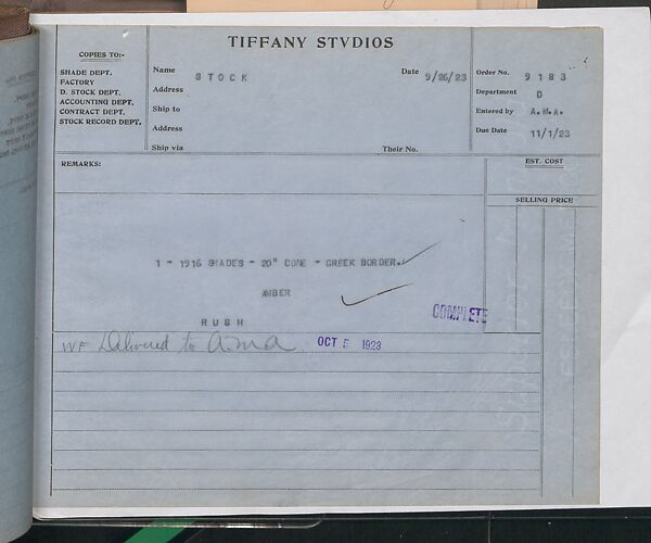 Tiffany Studios Lamp Department Ledger Book, Tiffany Studios (1902–32), pencil and ink on paper, American
