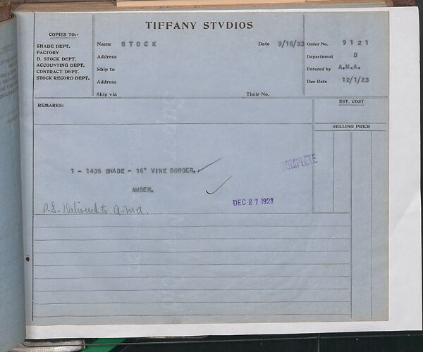 Tiffany Studios Lamp Department Ledger Book, Tiffany Studios (1902–32), pencil and ink on paper, American