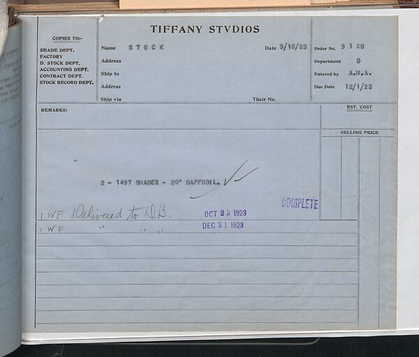 Tiffany Studios Lamp Department Ledger Book, Tiffany Studios (1902–32), pencil and ink on paper, American