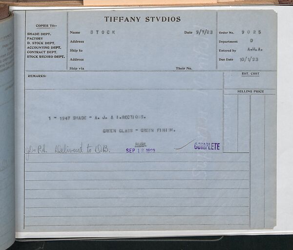 Tiffany Studios Lamp Department Ledger Book, Tiffany Studios (1902–32), pencil and ink on paper, American