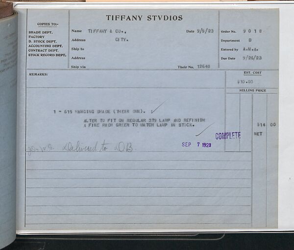 Tiffany Studios Lamp Department Ledger Book, Tiffany Studios (1902–32), pencil and ink on paper, American