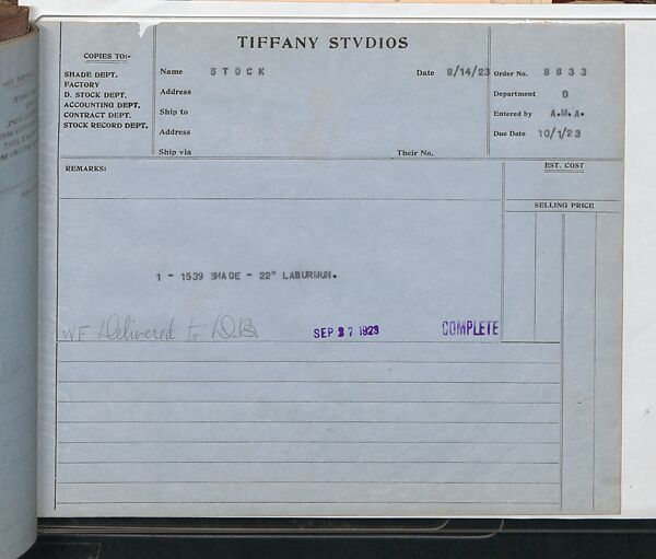 Tiffany Studios Lamp Department Ledger Book, Tiffany Studios (1902–32), pencil and ink on paper, American