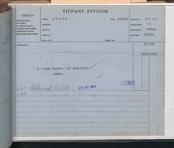 Tiffany Studios Lamp Department Ledger Book, Tiffany Studios (1902–32), pencil and ink on paper, American