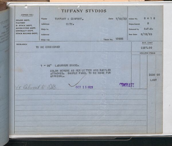 Tiffany Studios Lamp Department Ledger Book, Tiffany Studios (1902–32), pencil and ink on paper, American