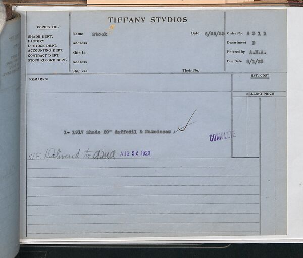 Tiffany Studios Lamp Department Ledger Book, Tiffany Studios (1902–32), pencil and ink on paper, American