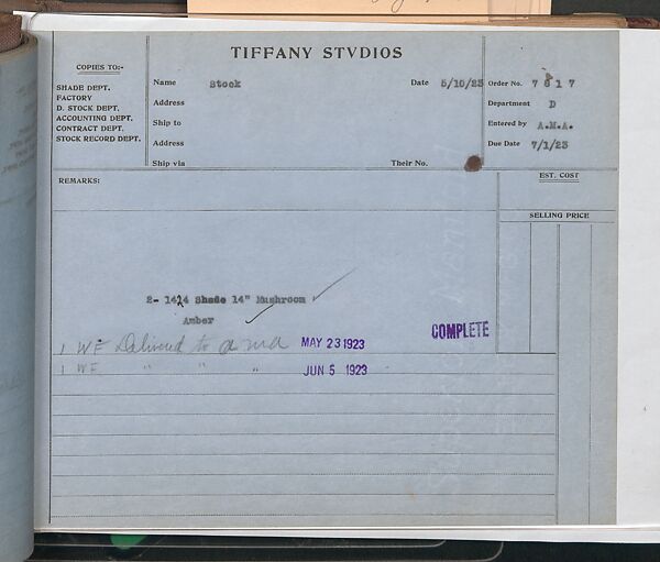 Tiffany Studios Lamp Department Ledger Book, Tiffany Studios (1902–32), pencil and ink on paper, American