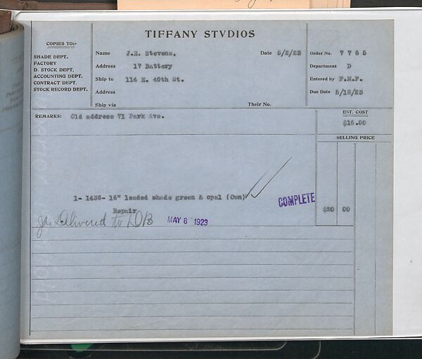 Tiffany Studios Lamp Department Ledger Book, Tiffany Studios (1902–32), pencil and ink on paper, American