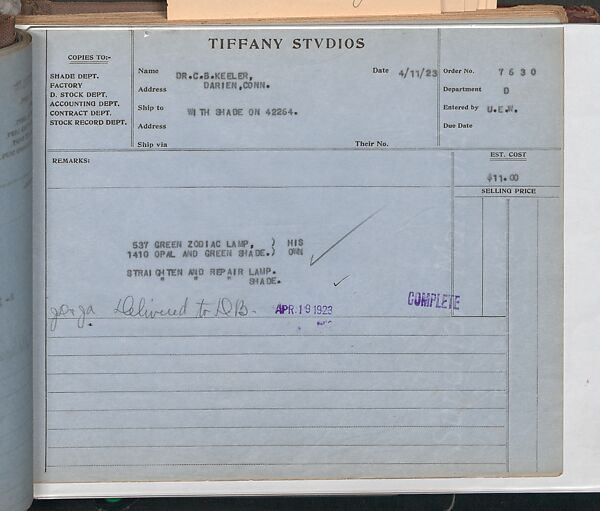 Tiffany Studios Lamp Department Ledger Book, Tiffany Studios (1902–32), pencil and ink on paper, American