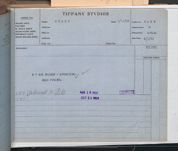 Tiffany Studios Lamp Department Ledger Book, Tiffany Studios (1902–32), pencil and ink on paper, American