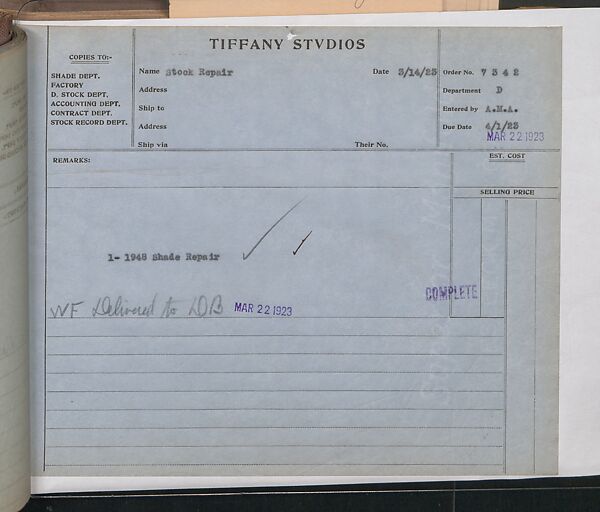 Tiffany Studios Lamp Department Ledger Book, Tiffany Studios (1902–32), pencil and ink on paper, American