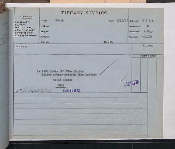 Tiffany Studios Lamp Department Ledger Book, Tiffany Studios (1902–32), pencil and ink on paper, American