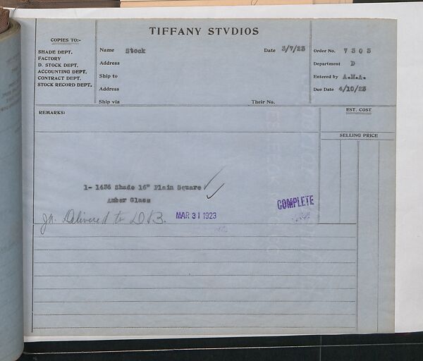 Tiffany Studios Lamp Department Ledger Book, Tiffany Studios (1902–32), pencil and ink on paper, American