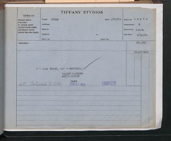 Tiffany Studios Lamp Department Ledger Book, Tiffany Studios (1902–32), pencil and ink on paper, American