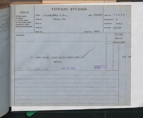 Tiffany Studios Lamp Department Ledger Book, Tiffany Studios (1902–32), pencil and ink on paper, American