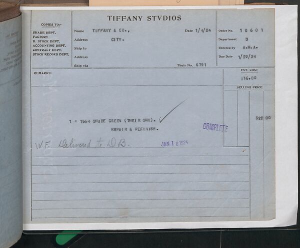 Tiffany Studios Lamp Department Ledger Book, Tiffany Studios (1902–32), pencil and ink on paper, American
