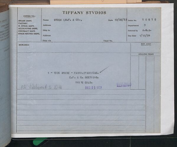 Tiffany Studios Lamp Department Ledger Book, Tiffany Studios (1902–32), pencil and ink on paper, American
