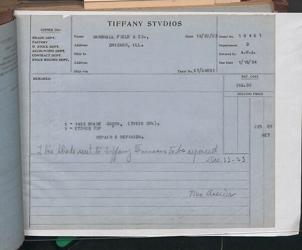 Tiffany Studios Lamp Department Ledger Book, Tiffany Studios (1902–32), pencil and ink on paper, American