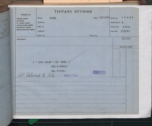 Tiffany Studios Lamp Department Ledger Book, Tiffany Studios (1902–32), pencil and ink on paper, American