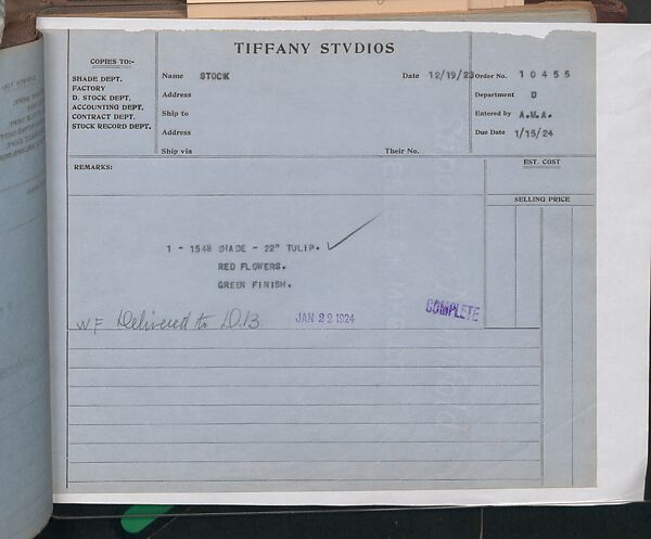 Tiffany Studios Lamp Department Ledger Book, Tiffany Studios (1902–32), pencil and ink on paper, American