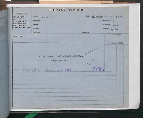 Tiffany Studios Lamp Department Ledger Book, Tiffany Studios (1902–32), pencil and ink on paper, American