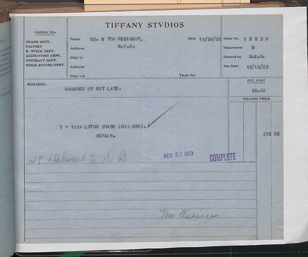 Tiffany Studios Lamp Department Ledger Book, Tiffany Studios (1902–32), pencil and ink on paper, American