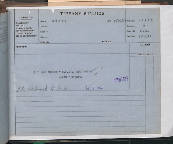 Tiffany Studios Lamp Department Ledger Book, Tiffany Studios (1902–32), pencil and ink on paper, American
