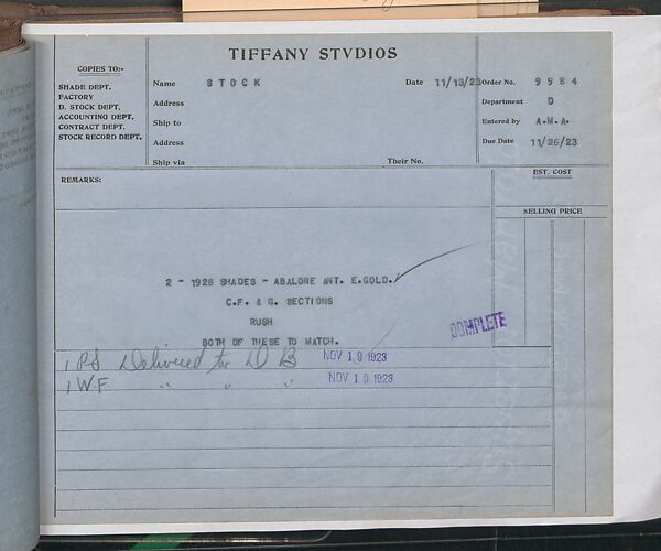 Tiffany Studios Lamp Department Ledger Book, Tiffany Studios (1902–32), pencil and ink on paper, American