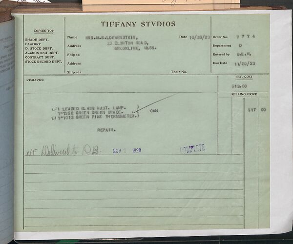 Tiffany Studios Lamp Department Ledger Book, Tiffany Studios (1902–32), pencil and ink on paper, American