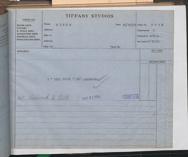 Tiffany Studios Lamp Department Ledger Book, Tiffany Studios (1902–32), pencil and ink on paper, American