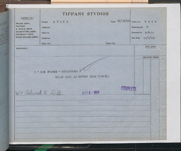 Tiffany Studios Lamp Department Ledger Book, Tiffany Studios (1902–32), pencil and ink on paper, American
